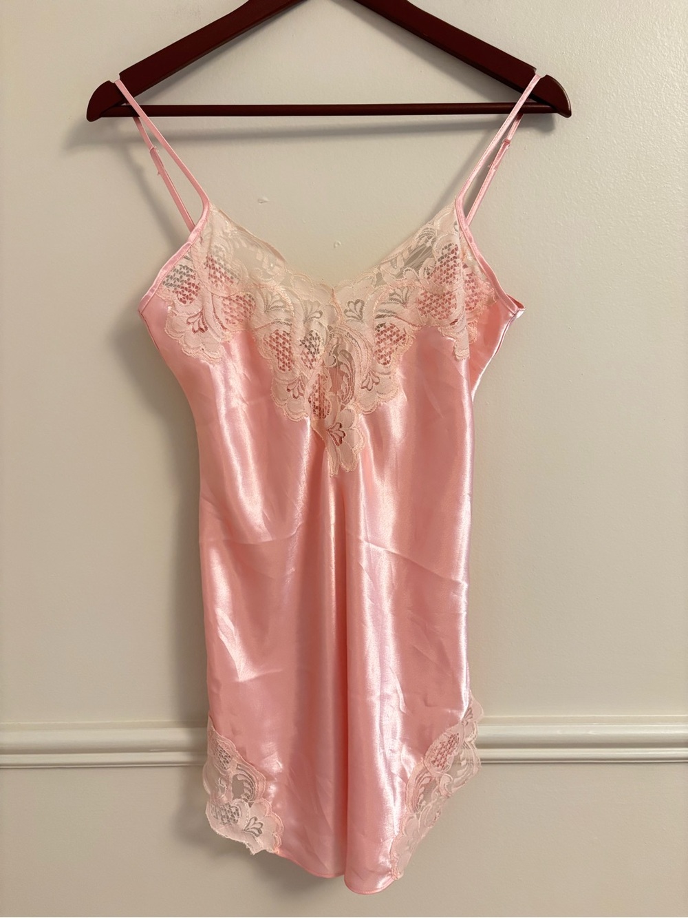 Vintage Victoria's Secret Pink Satin Slip with Cream Lace